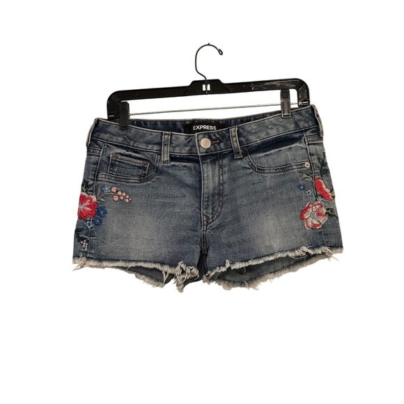 Express Low Rise Denim Embroidered Floral Shortie Shorts Size 4 Frayed Hem